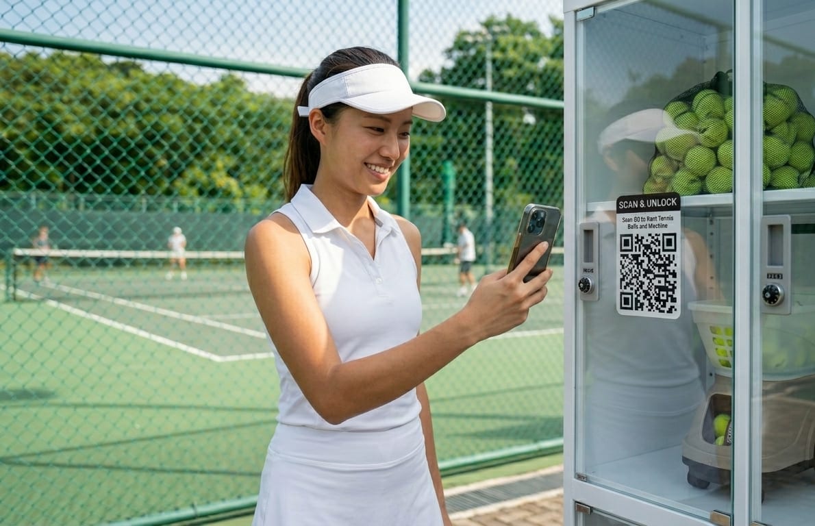 Tennis player scanning the QR code on a self-service Tennis Machine SG smart locker at a Singapore tennis court