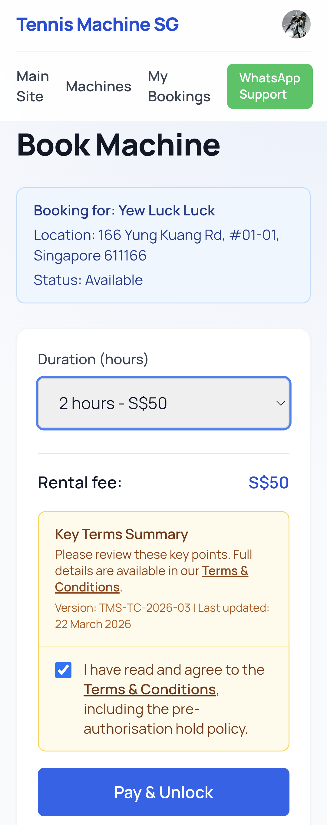 Tennis Machine SG booking app showing duration selection, rental fee and the Pay & Unlock button